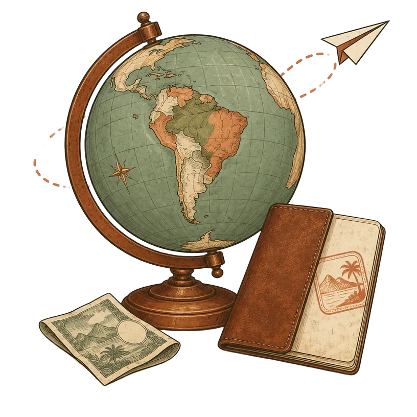 Globo, passaporte e avião de papel